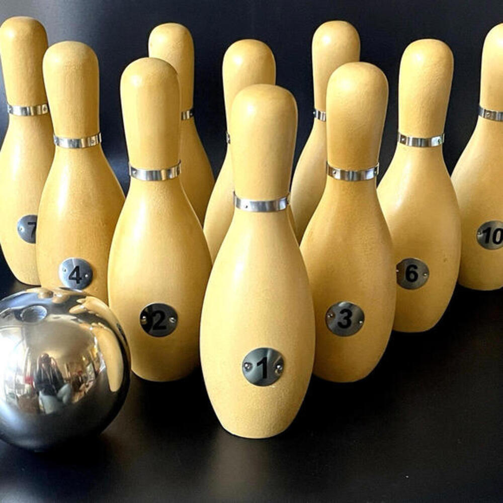 Tabletop Wooden Pins Bowling Game‎ Set Silver Ball POTTERY BARN In Box RARE